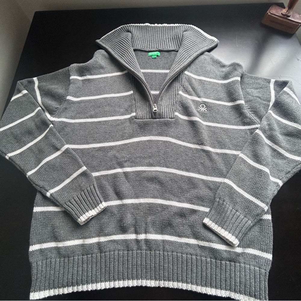 United Colors Of Benetton Gray Stripe Half-Zip Sweater 100% Cotton Size Large